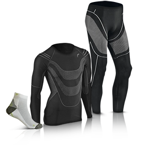 Functional underwear set for men with shirt, pants, and breathable motorcycle socks.